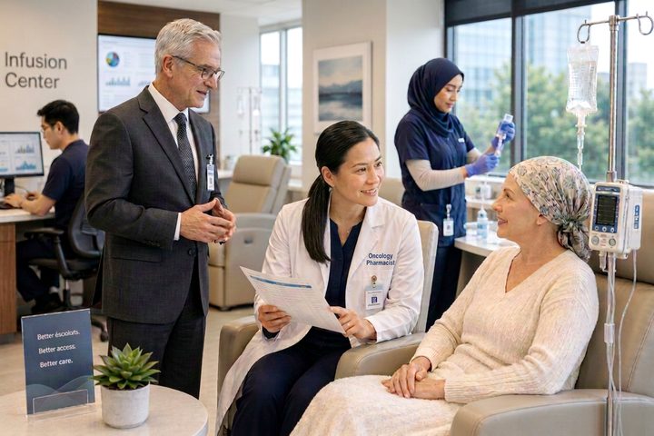 An oncology pharmacist and a physician talking with a patient in a hospital infusion centre