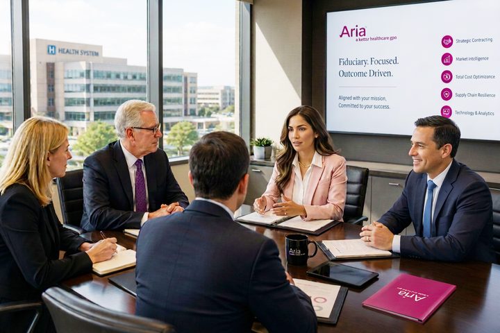 An Aria team in a boardroom presentation with healthcare executives